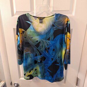 Valentina Tropical Abstract Embellished V-Neck Top - Size M
